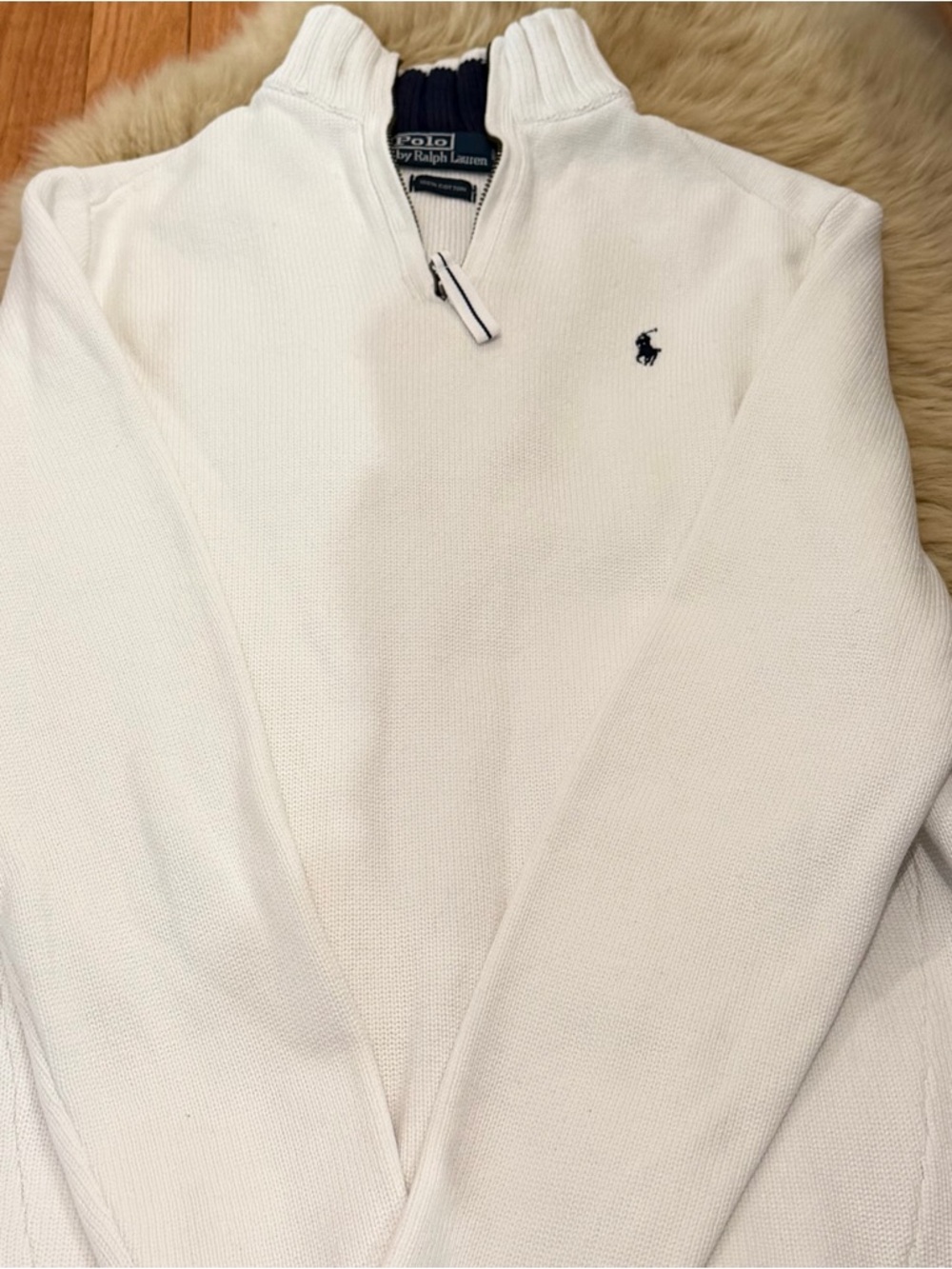 Ralph Lauren White Quarter-Zip Knit Sweater with Navy Pony Small